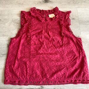 Maeve Anthropologie Pink Eyelet Ruffle Neck Sleeveless Blouse Top Womens Size 12